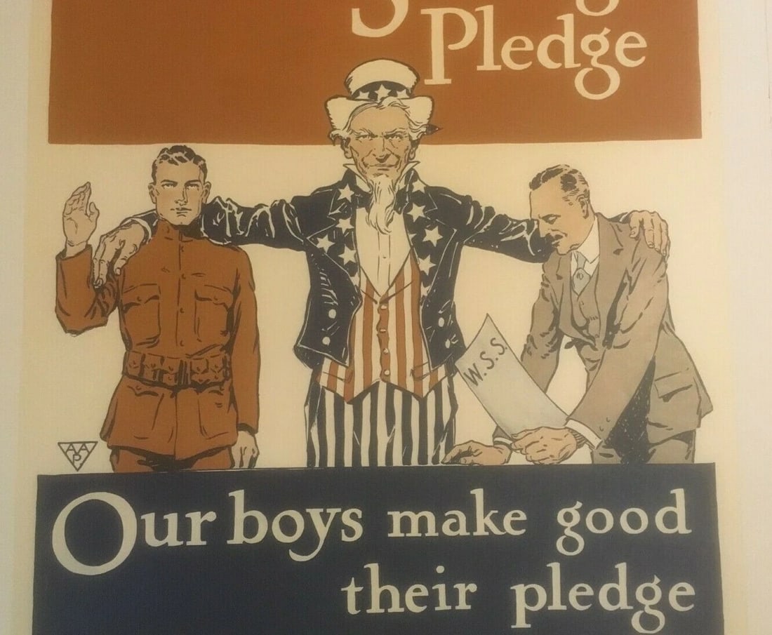 Original Vintage WWI "Your Savings Pledge" War Stamps Poster Linen Backed - 5