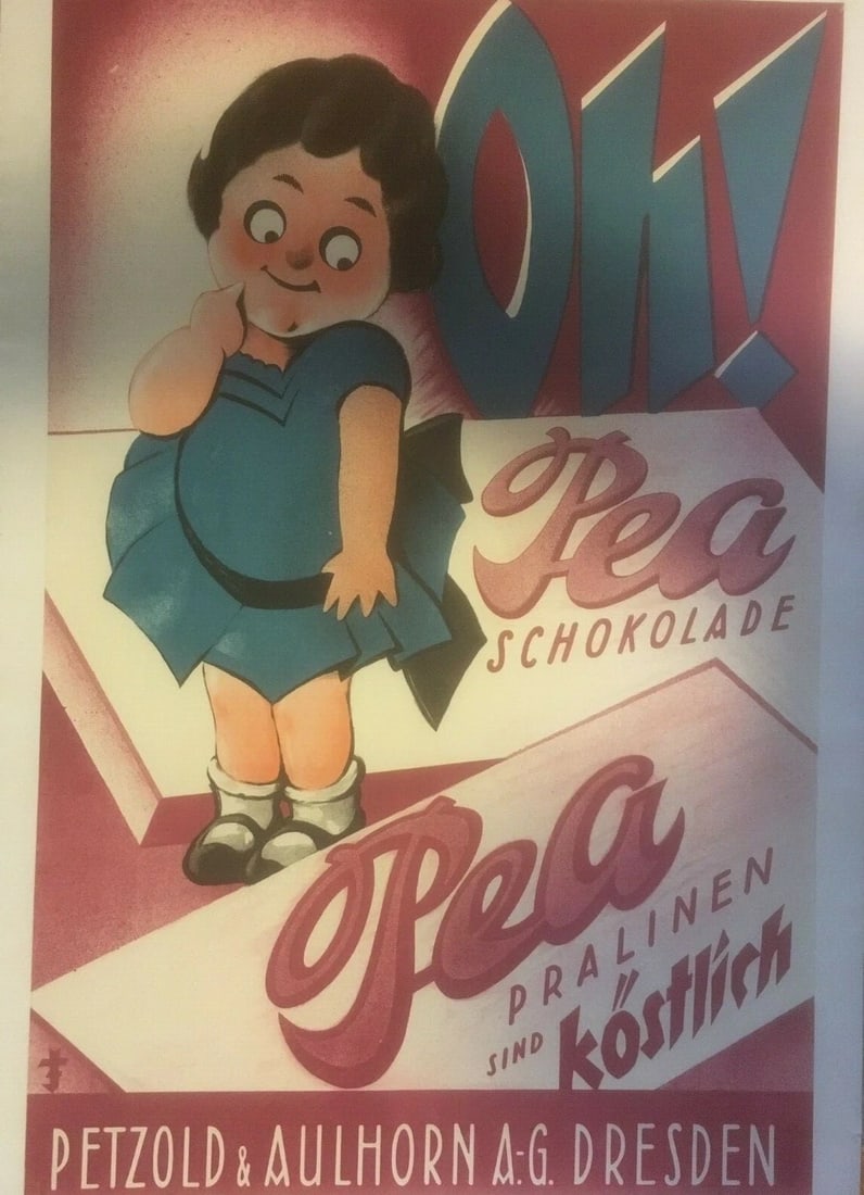 Original Vintage c.1930 "Oh Pea" German Chocolate Poster Linen Backed - 2