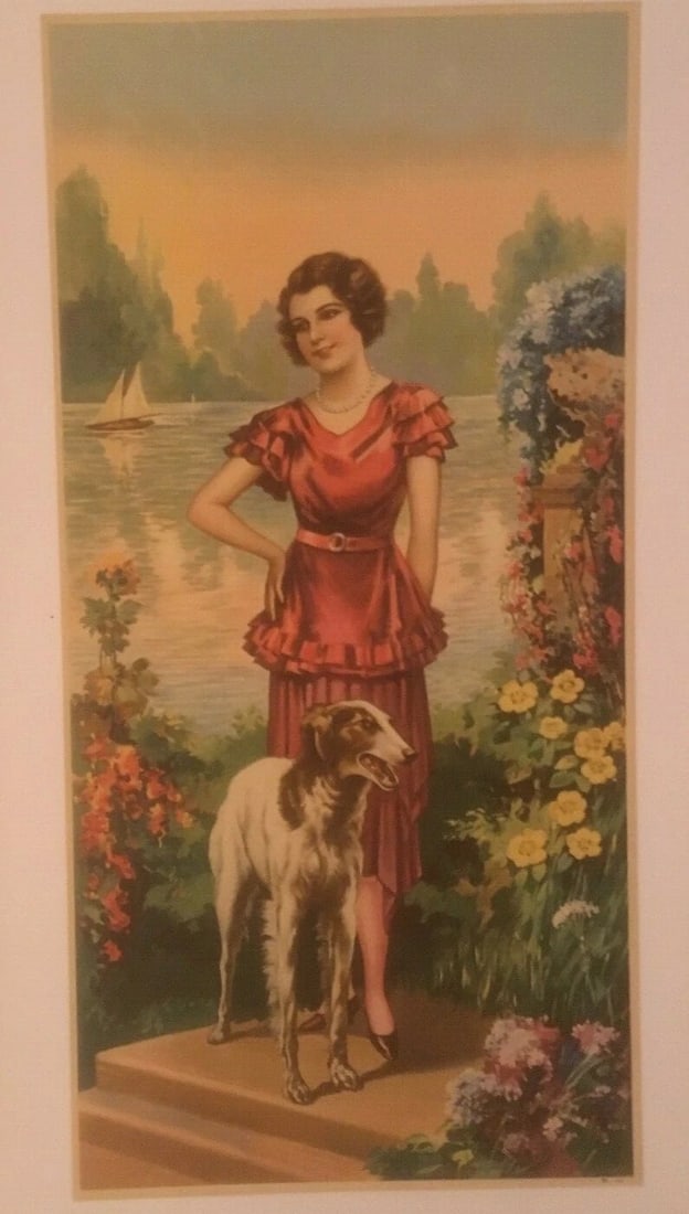 Original Vintage c.1920 "Woman With Dog" Decorative Panel Poster Linen Backed (1 of 4)