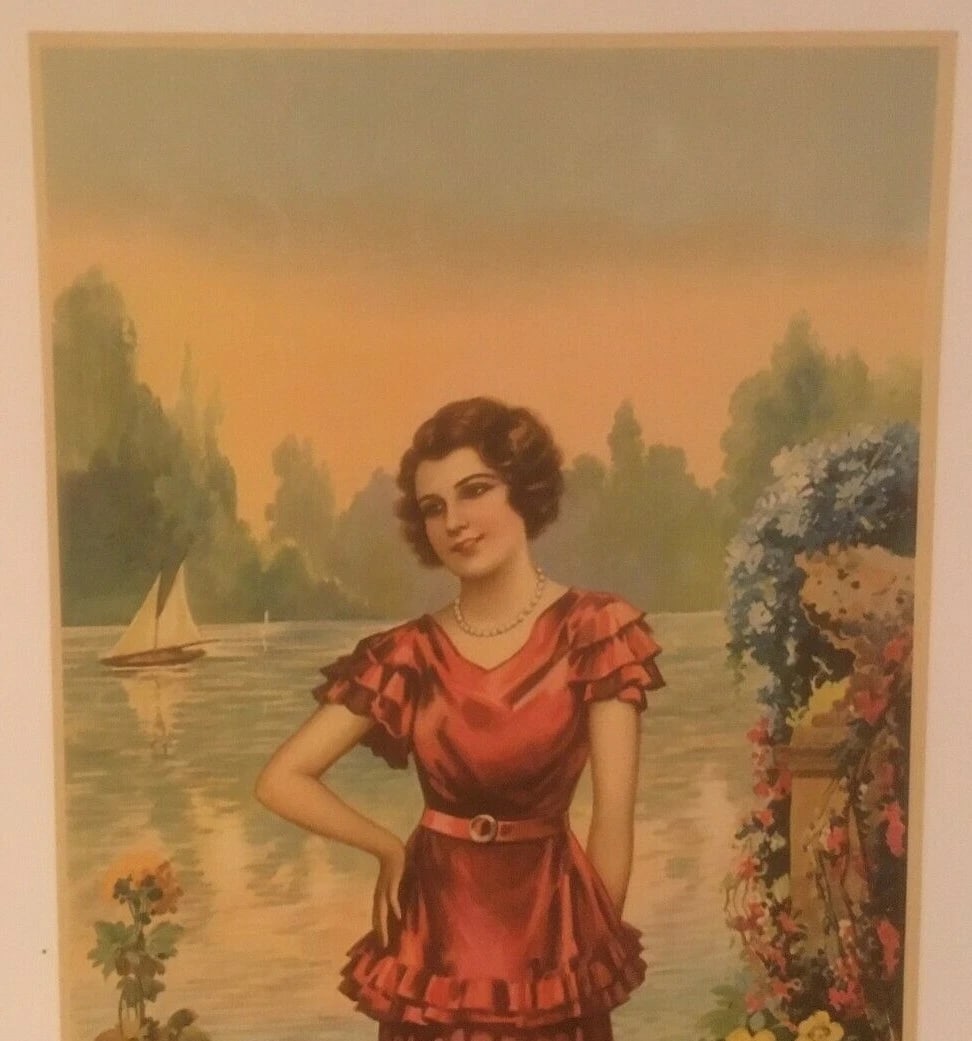 Original Vintage c.1920 "Woman With Dog" Decorative Panel Poster Linen Backed - 3