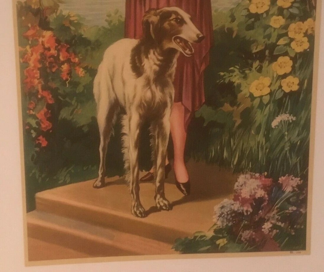 Original Vintage c.1920 "Woman With Dog" Decorative Panel Poster Linen Backed - 4