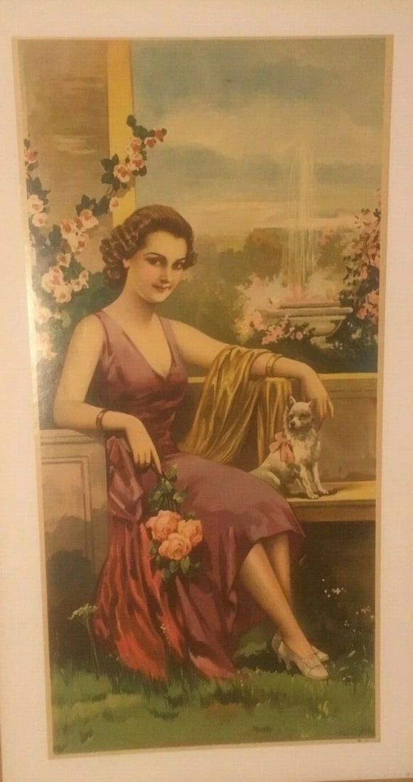 Original Vintage c.1920 "Woman With Dog" Decorative Panel Poster Linen Backed (1 of 4)