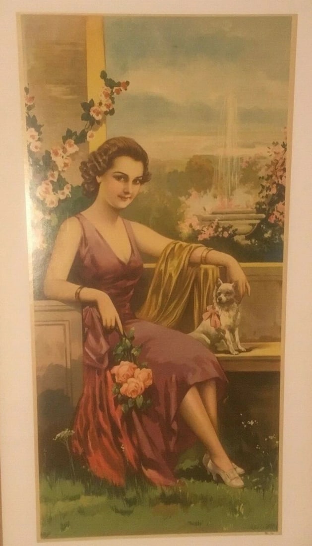 Original Vintage c.1920 "Woman With Dog" Decorative Panel Poster Linen Backed - 2