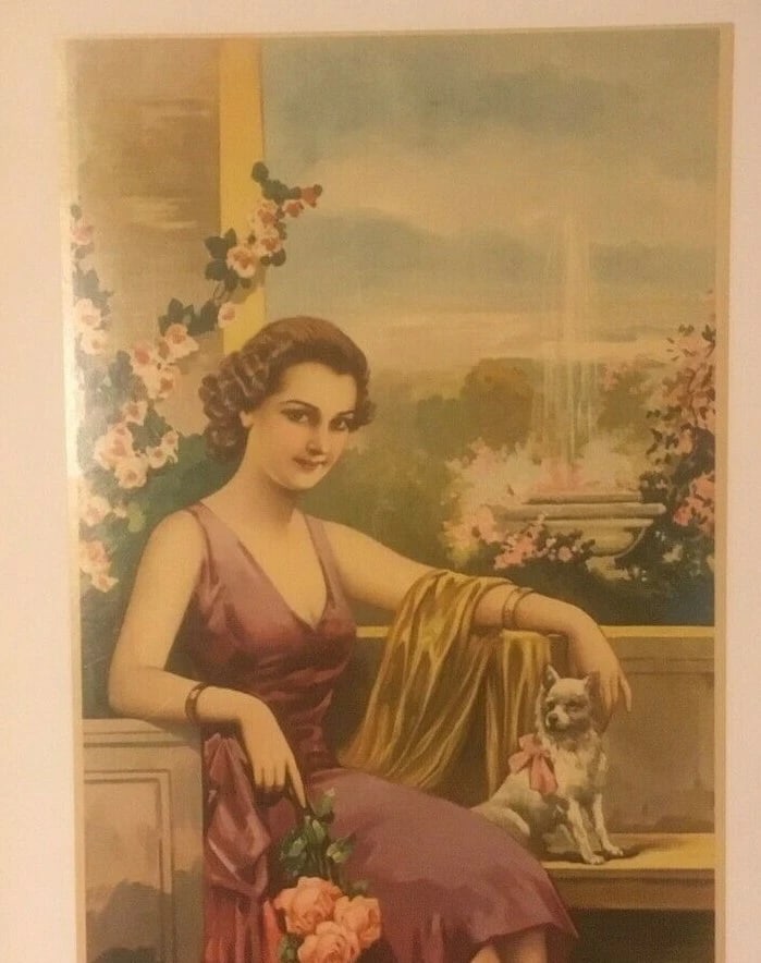 Original Vintage c.1920 "Woman With Dog" Decorative Panel Poster Linen Backed - 3