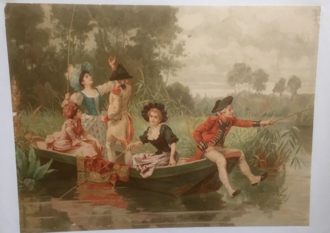 Original Vintage c.1900 "Out Fishing" Poster Linen Backed: Title: Original Vintage c.1900 "Out Fishing" Poster Linen Backed Description: The poster shows five men and women out for a day on the lake. The poster is linen backed, measures 17" x 23" and is in ve