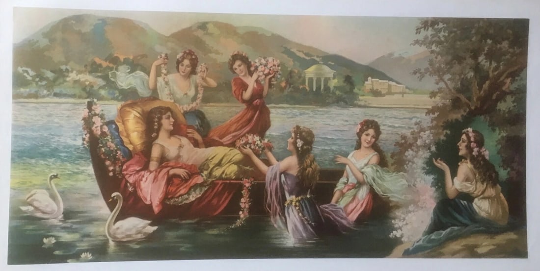 Original Vintage c.1900 "Lagos" Chromolithographic Poster Linen Backed: Title: Original Vintage c.1900 "Lagos" Chromolithographic Poster Linen Backed Description: While floating in the lake, a princess is attended to by a group of her subjects. The decorative panel is lin