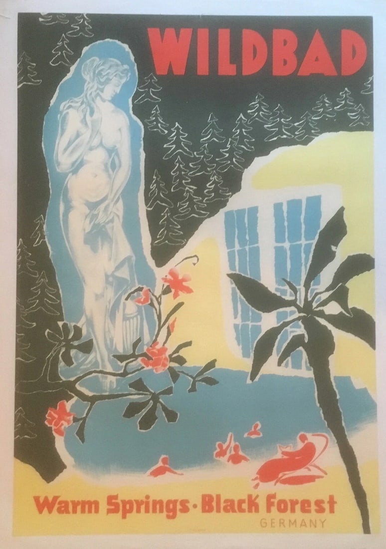 Original Vintage c.1950 Wilbad Germany Travel Poster Linen Backed (1 of 4)