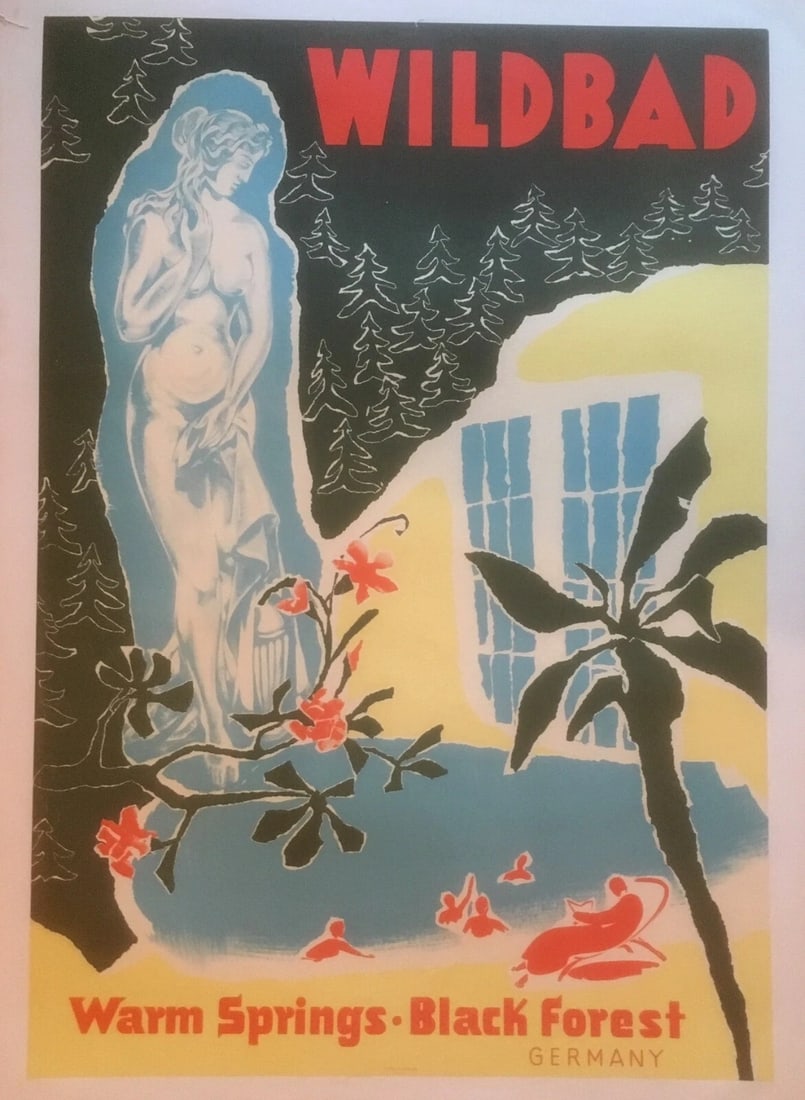 Original Vintage c.1950 Wilbad Germany Travel Poster Linen Backed - 2
