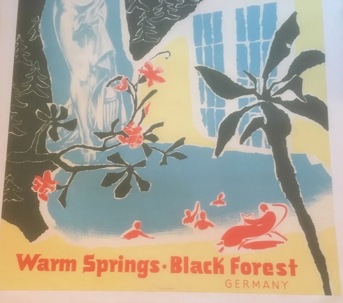 Original Vintage c.1950 Wilbad Germany Travel Poster Linen Backed - 4