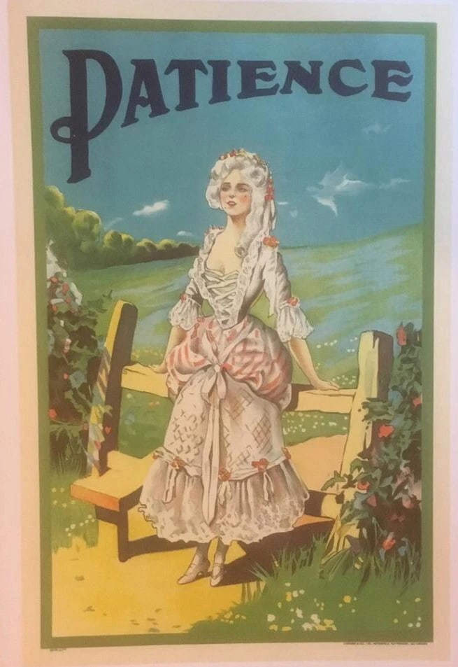 Original Vintage c.1930 "Patience" English Operetta Poster Linen Backed: Title: Original Vintage c.1930 "Patience" English Operetta Poster Linen Backed Description: A woman leans against a bench in this wonderful circa 1930 English operetta poster that is linen backed,