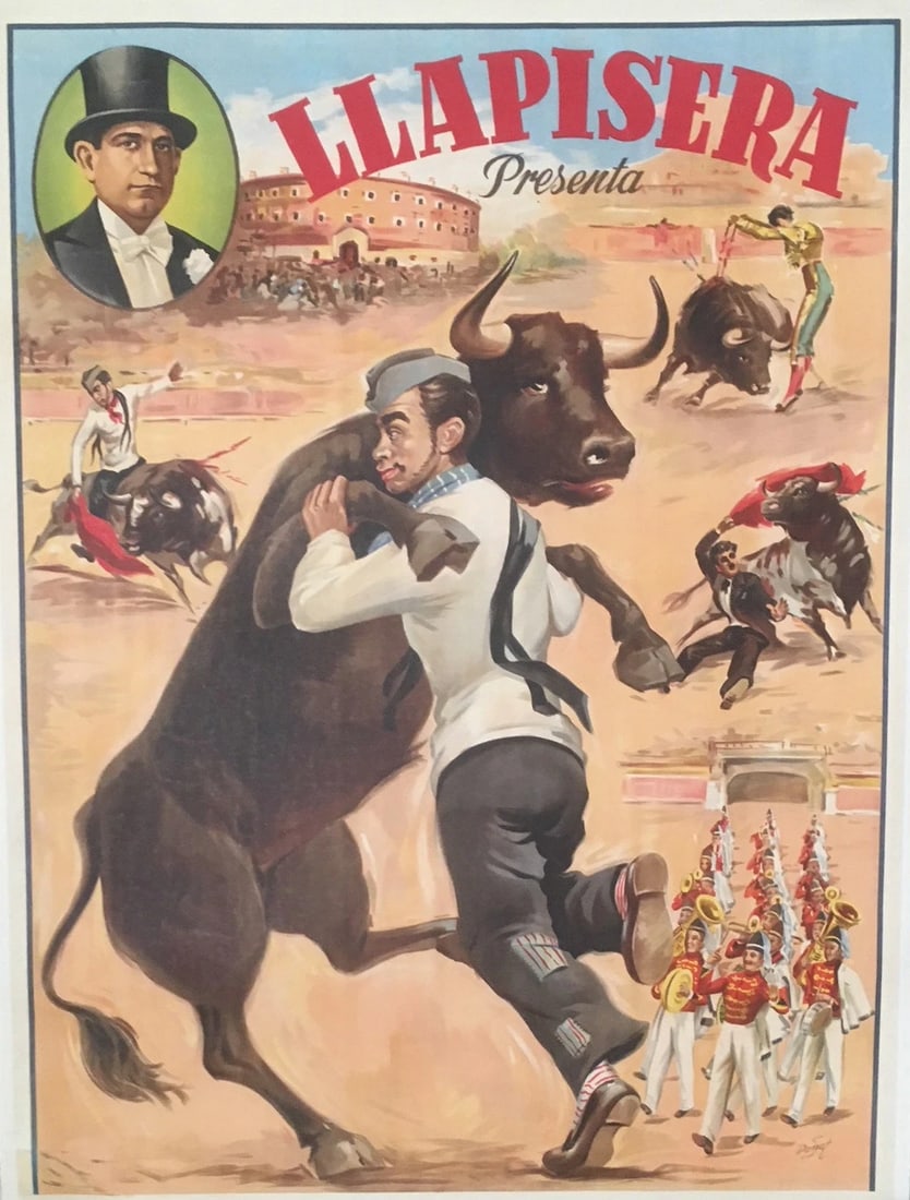 Original Vintage Spanish Llapisera Bull Fight Poster Linen Backed (1 of 4)