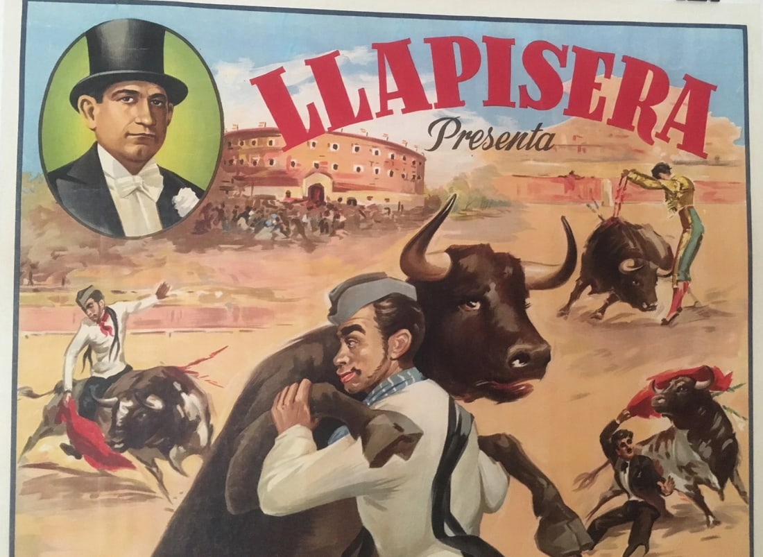Original Vintage Spanish Llapisera Bull Fight Poster Linen Backed - 2