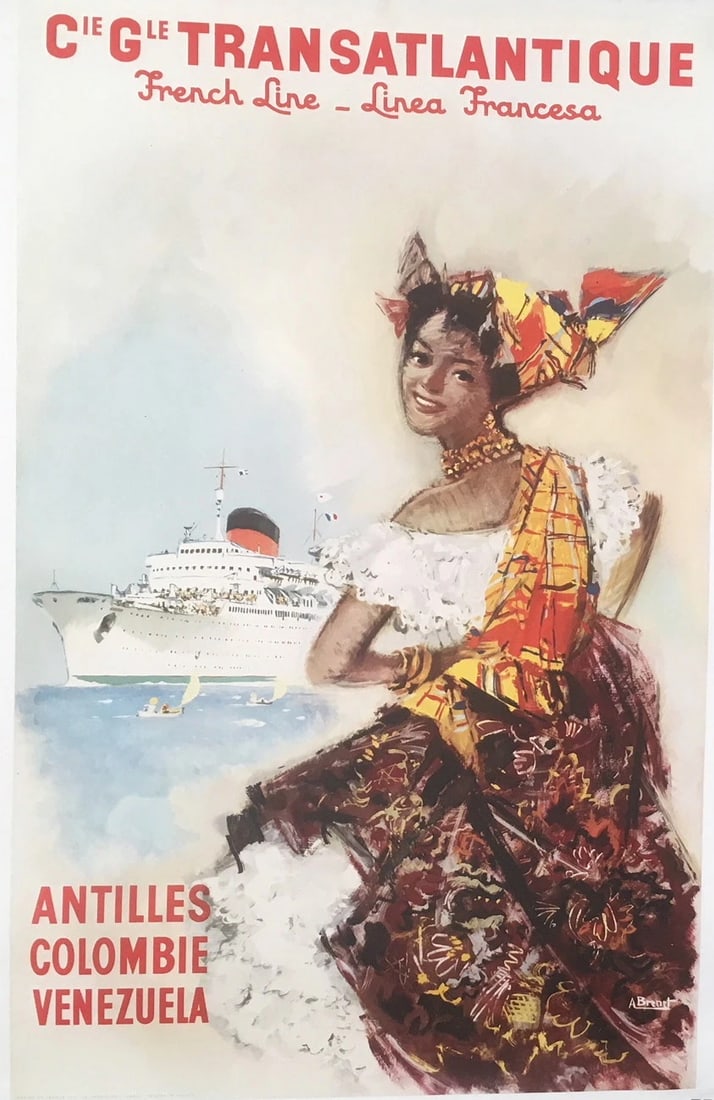 Original Vintage Transatlantic Venezuela Cruise Ship Travel Poster Linen Backed (1 of 4)