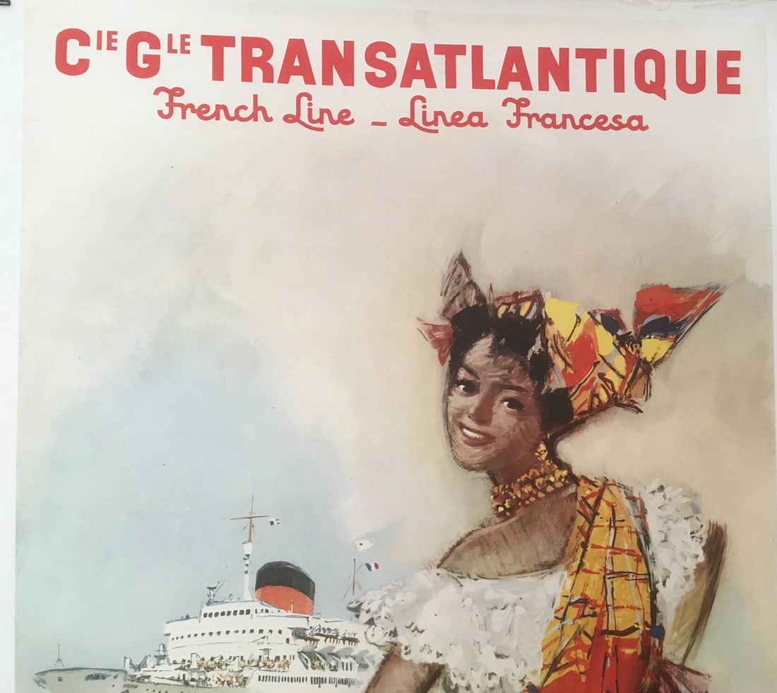 Original Vintage Transatlantic Venezuela Cruise Ship Travel Poster Linen Backed - 2