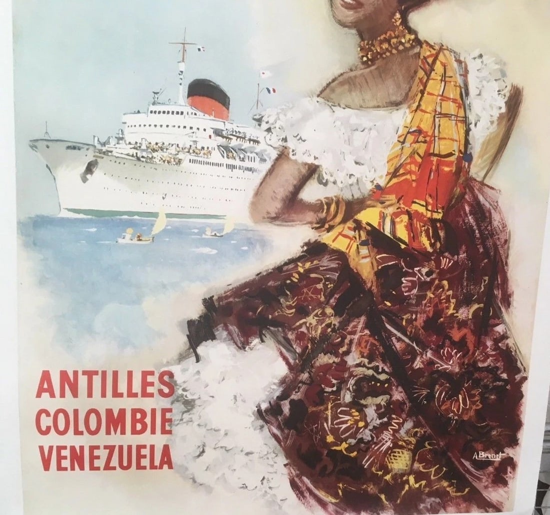 Original Vintage Transatlantic Venezuela Cruise Ship Travel Poster Linen Backed - 3