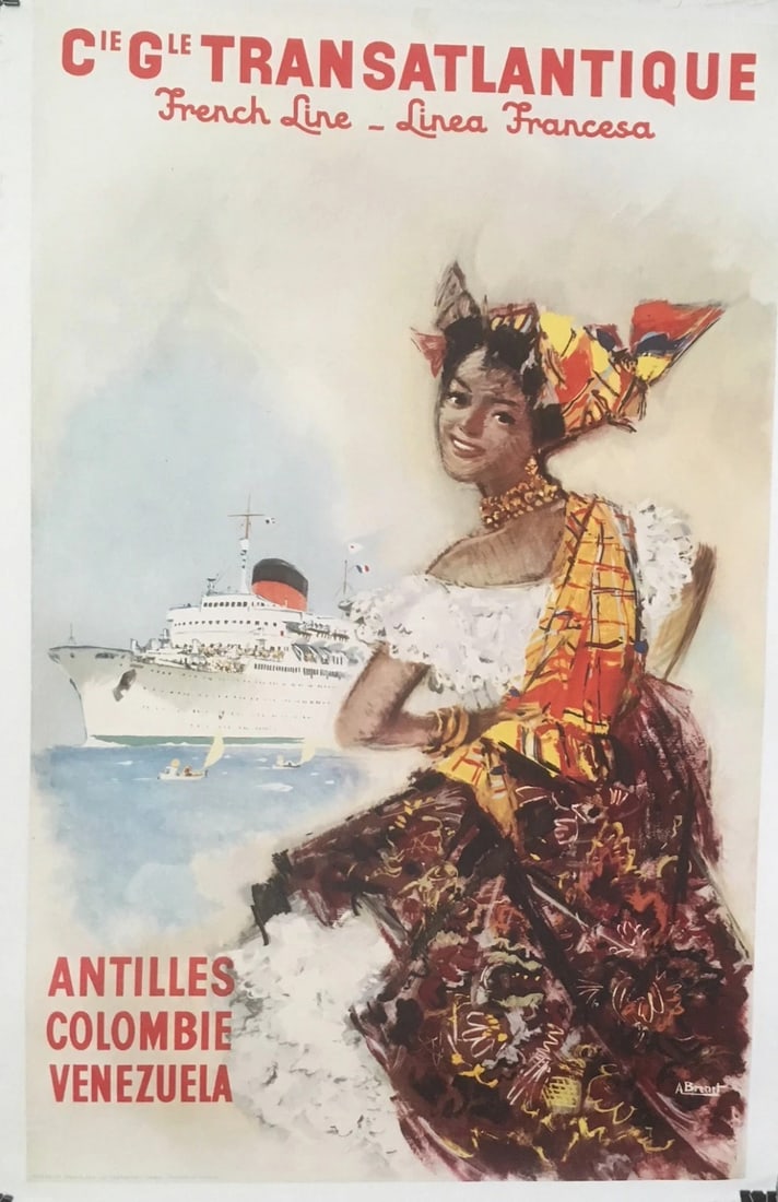 Original Vintage Transatlantic Venezuela Cruise Ship Travel Poster Linen Backed - 4