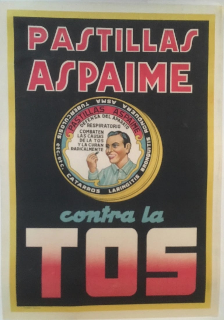 Original Vintage c.1930 Spanish Cough Drop Poster Linen Backed: Title: Original Vintage c.1930 Spanish Cough Drop Poster Linen Backed Description: Tos is a throat lozenge with powers to fight against sore throat and other illnesses. A very striking poster created