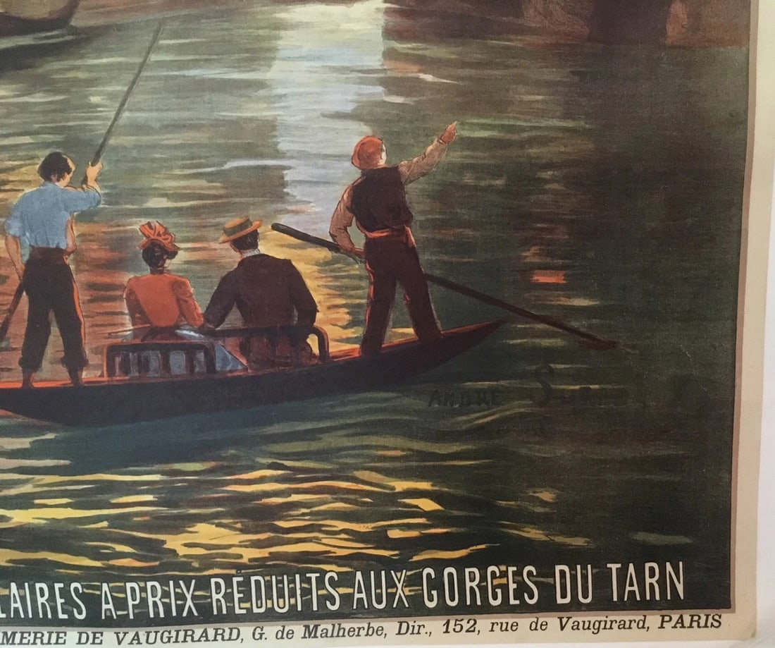 Original Vintage c.1890 Gorges du Tarn Chemin de Fer Travel Poster Linen Backed - 3