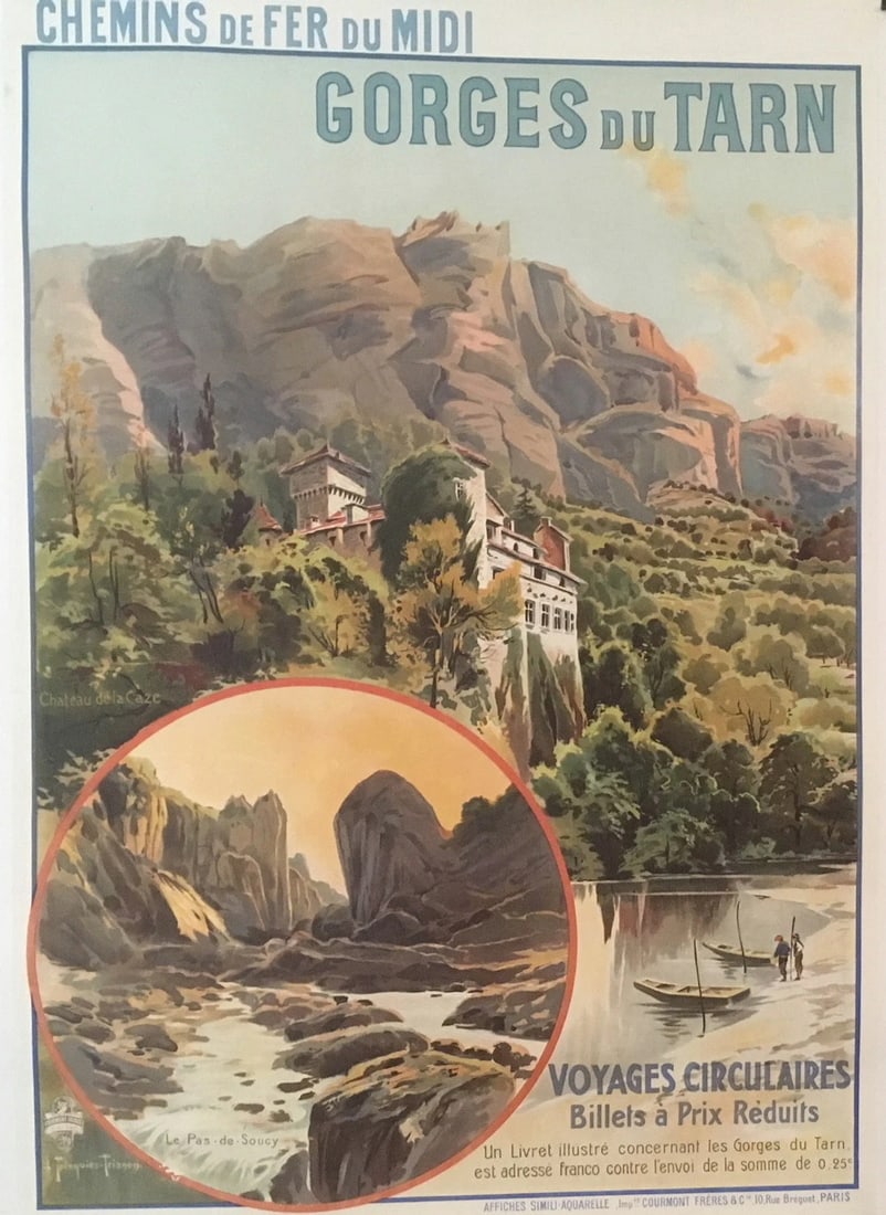 Original Vintage c.1890 Gorges du Tarn Railway Travel Poster Linen Backed - 6