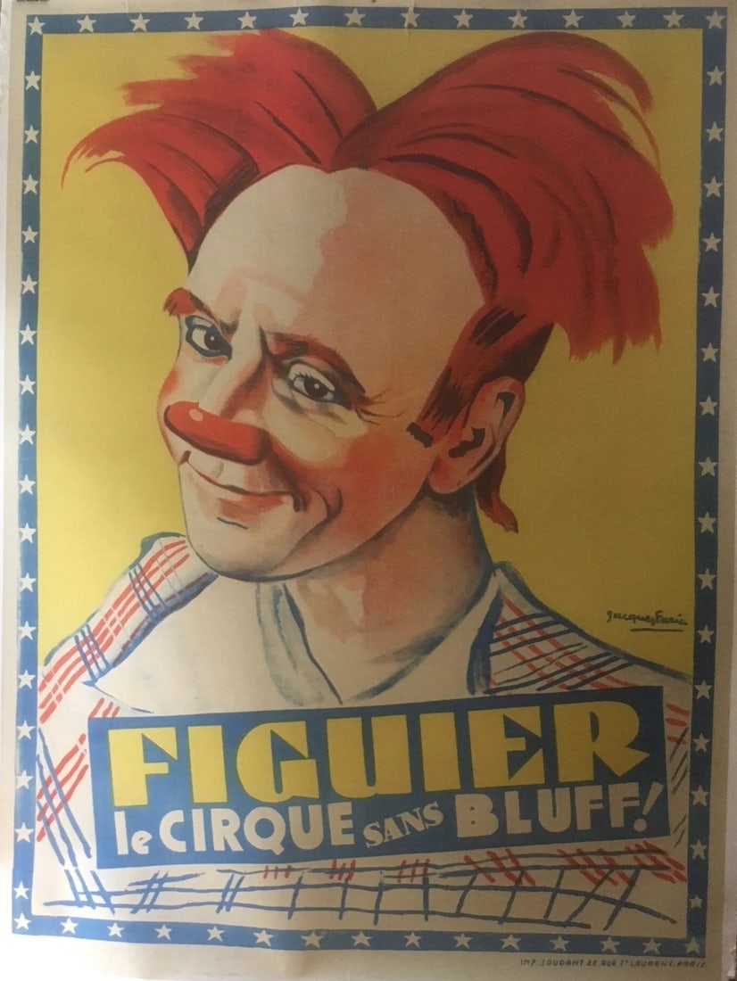 Original Vintage c.1930 Figuier Circus Clown Poster Linen Backed (1 of 6)