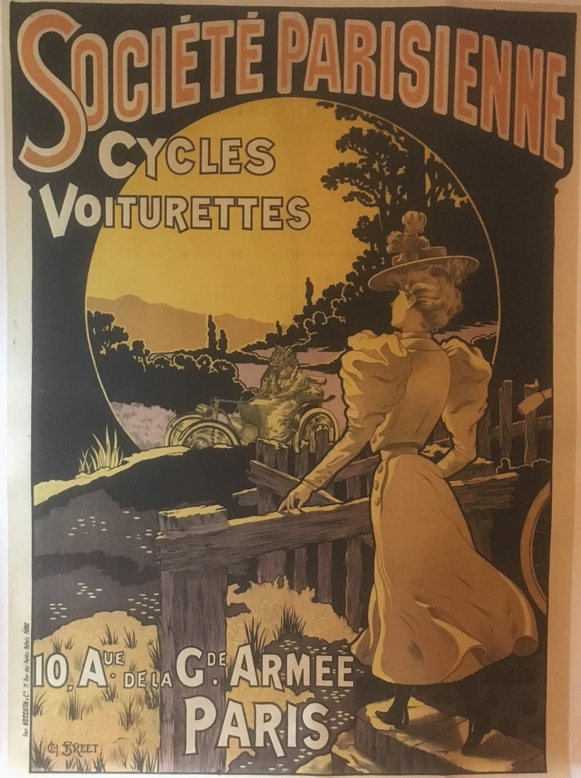 Original Vintage c.1890 French Automobile and Bicycle Poster Linen Backed (1 of 9)