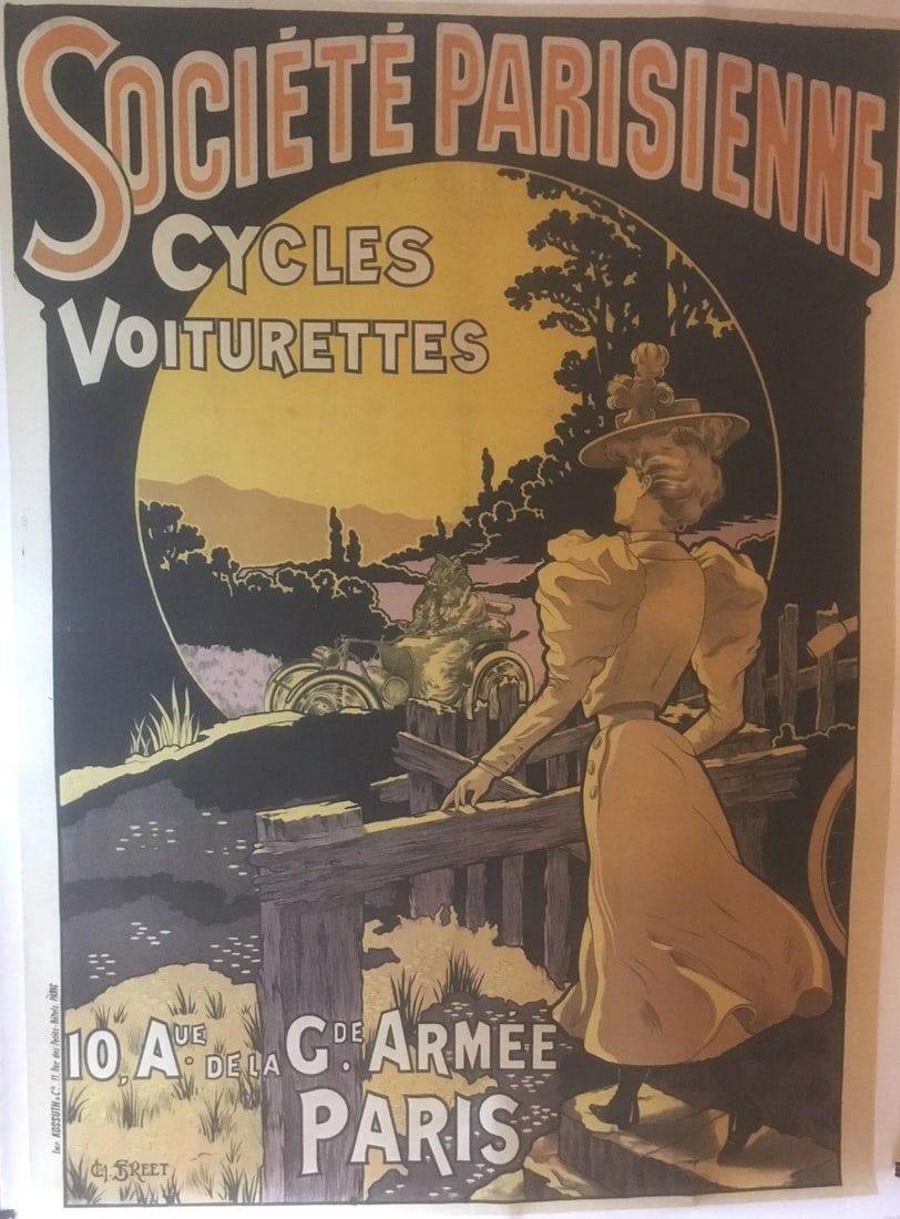 Original Vintage c.1890 French Automobile and Bicycle Poster Linen Backed - 2