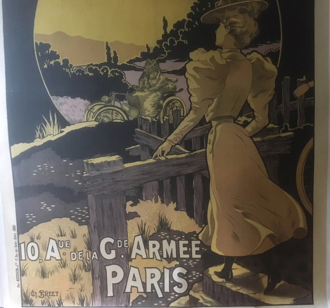 Original Vintage c.1890 French Automobile and Bicycle Poster Linen Backed - 3