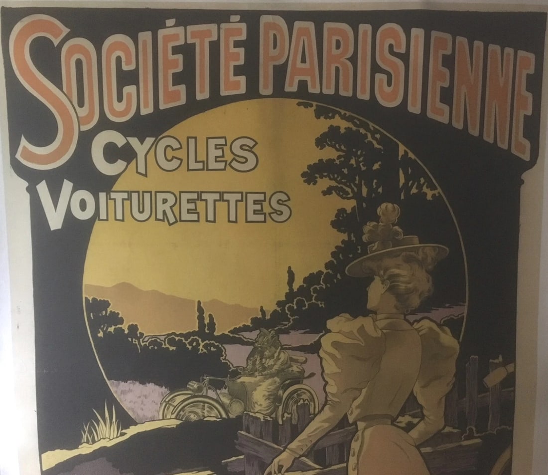 Original Vintage c.1890 French Automobile and Bicycle Poster Linen Backed - 7