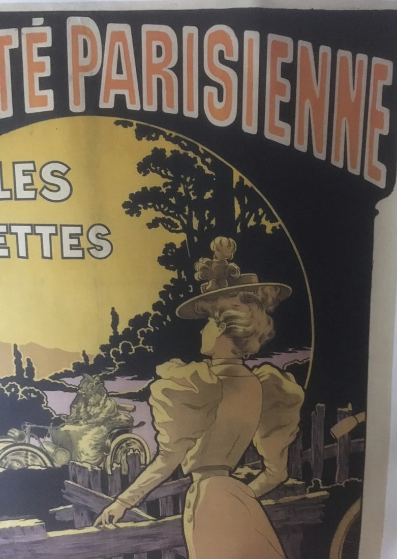 Original Vintage c.1890 French Automobile and Bicycle Poster Linen Backed - 8