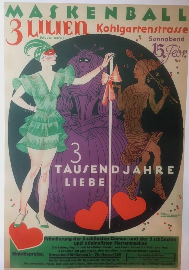 Original Vintage c.1920 German Maskenball Poster Linen Backed (1 of 5)