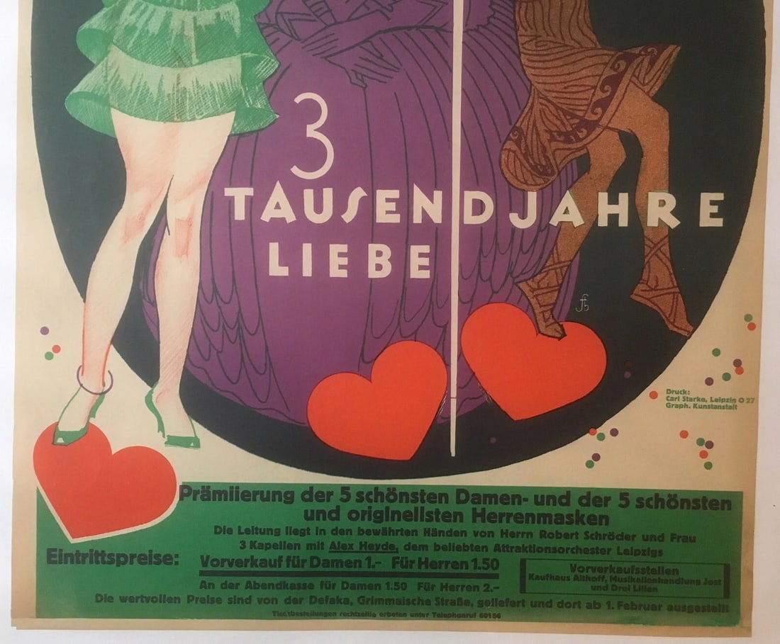 Original Vintage c.1920 German Maskenball Poster Linen Backed - 3