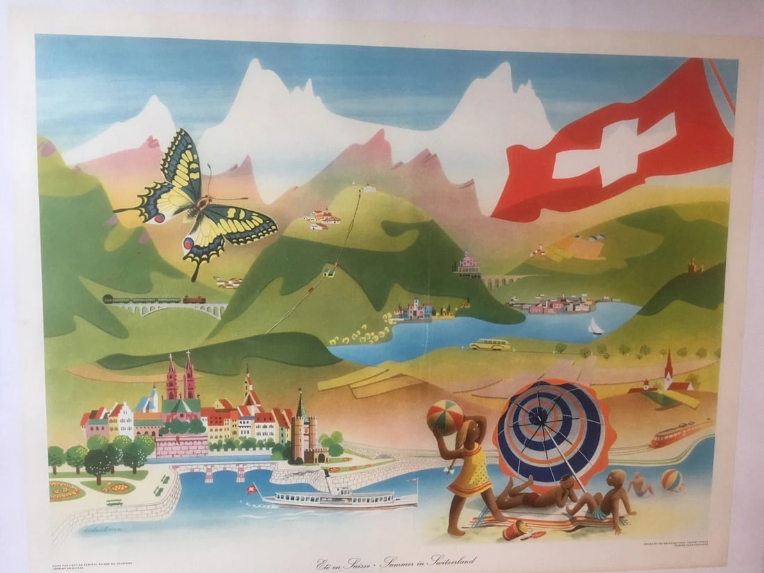 Original Vintage c. 1960 Swiss Travel Ete en Suisse Poster Linen Backed (1 of 4)