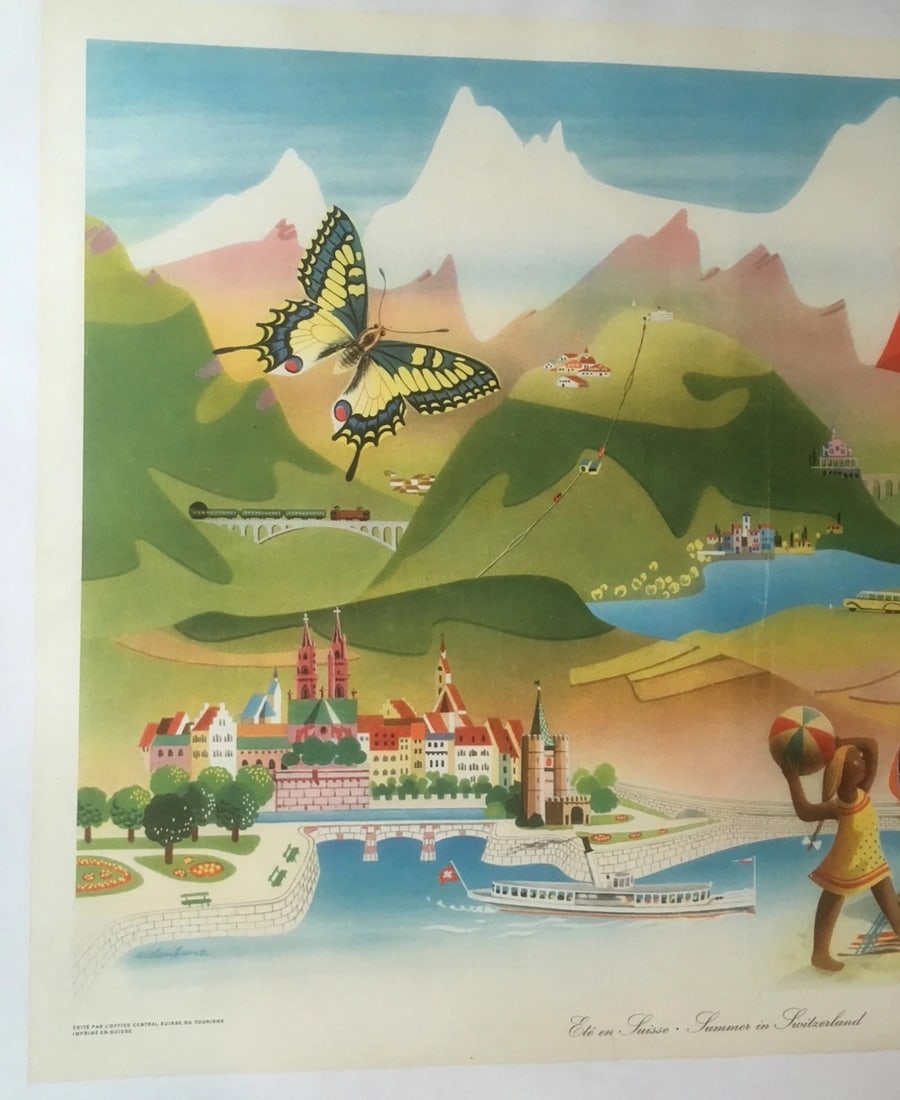 Original Vintage c. 1960 Swiss Travel Ete en Suisse Poster Linen Backed - 2