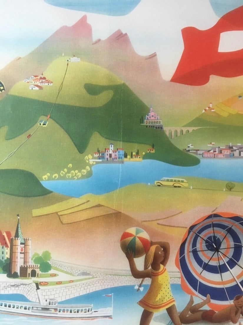 Original Vintage c. 1960 Swiss Travel Ete en Suisse Poster Linen Backed - 3