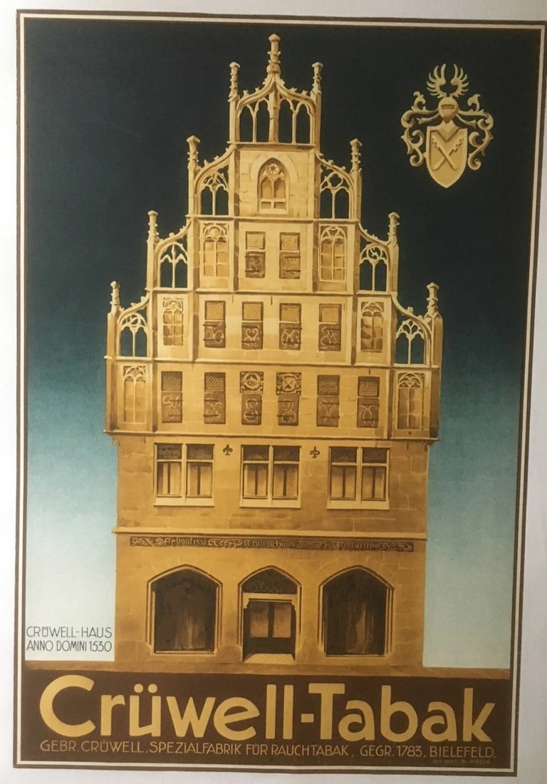 Original Vintage c.1930 German Cruwell Tabak Tobacco Poster Linen Backed: Title: Original Vintage c.1930 German Cruwell Tabak Tobacco Poster Linen Backed Description: Cruwell-Tabak is an original circa 1930 German tobacco advertisement with an architectural flair. The