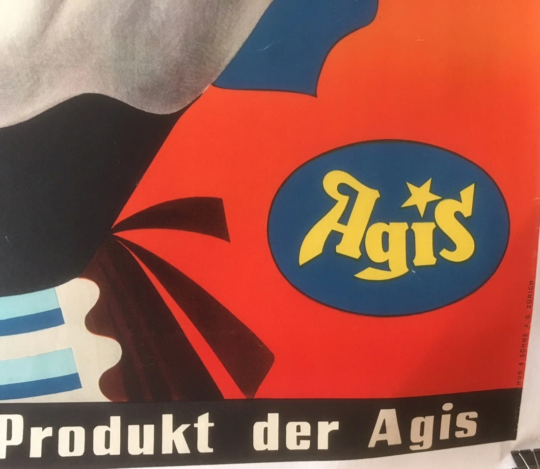 Original Vintage 1949 Swiss Agis Beverage Poster Linen Backed - 5