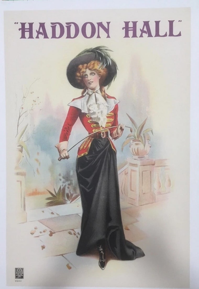 Original Vintage English c.1920 Haddon Hall Opera Poster Linen Backed: Title: Original Vintage English c.1920 Haddon Hall Opera Poster Linen Backed Description: A woman holds a riding crop in this beautiful circa 1920 "Haddon Hall" opera poster. The piece was popular