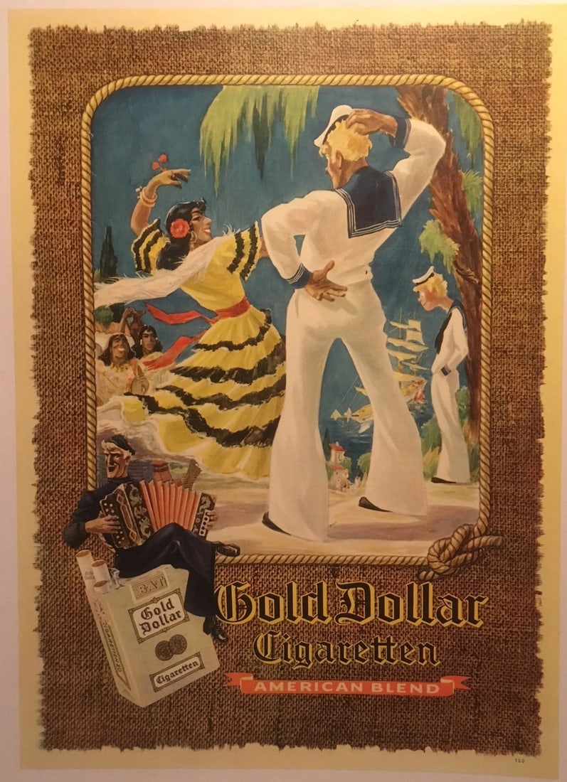Original Vintage c.1950 German "Gold Dollar" Cigarette Poster Linen Backed (1 of 4)