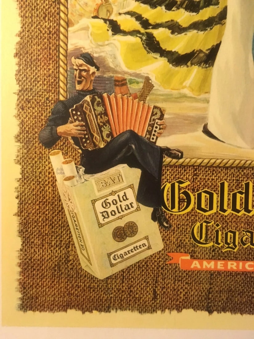 Original Vintage c.1950 German "Gold Dollar" Cigarette Poster Linen Backed - 2