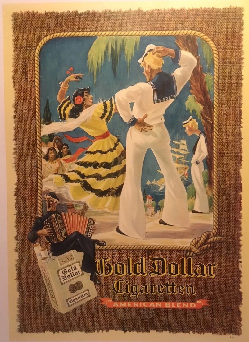 Original Vintage c.1950 German "Gold Dollar" Cigarette Poster Linen Backed - 4