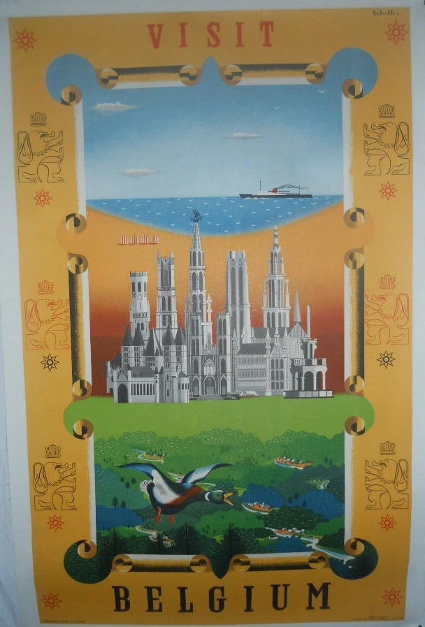 Original Vintage Visit Belgium Travel Poster Linen Backed: Title: Original Vintage Visit Belgium Travel Poster Linen Backed Description: This is a very scenic, circa 1930 Belgian travel poster with a ship on the top and a flying mallard on the bottom. The pos