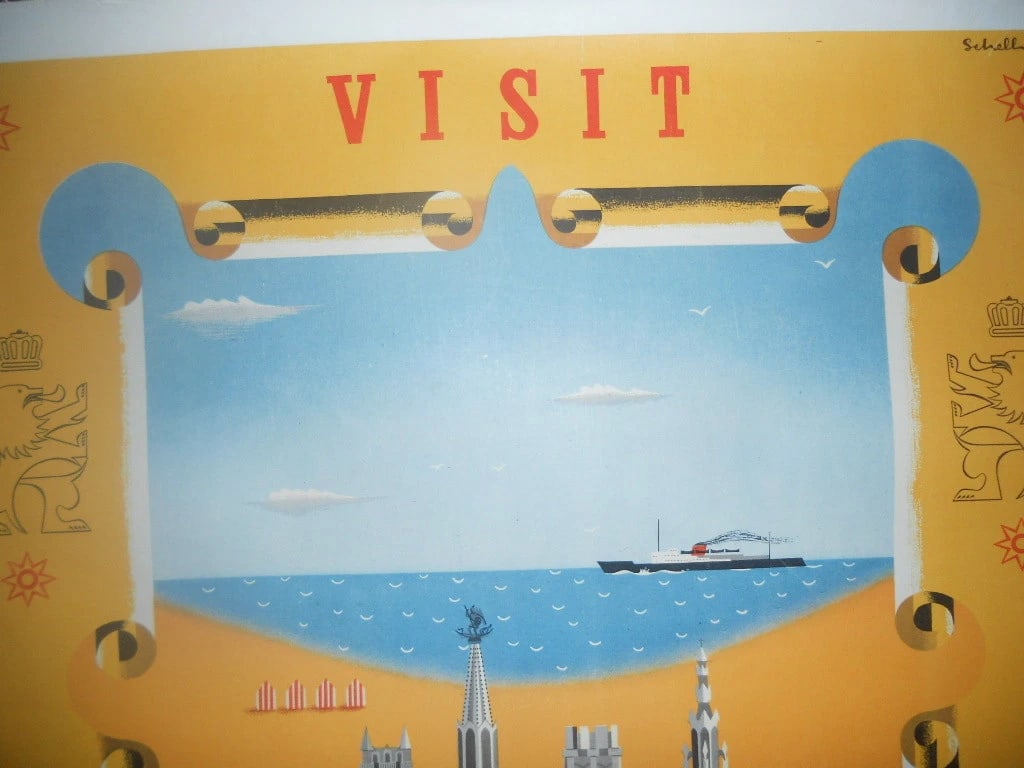 Original Vintage Visit Belgium Travel Poster Linen Backed - 2