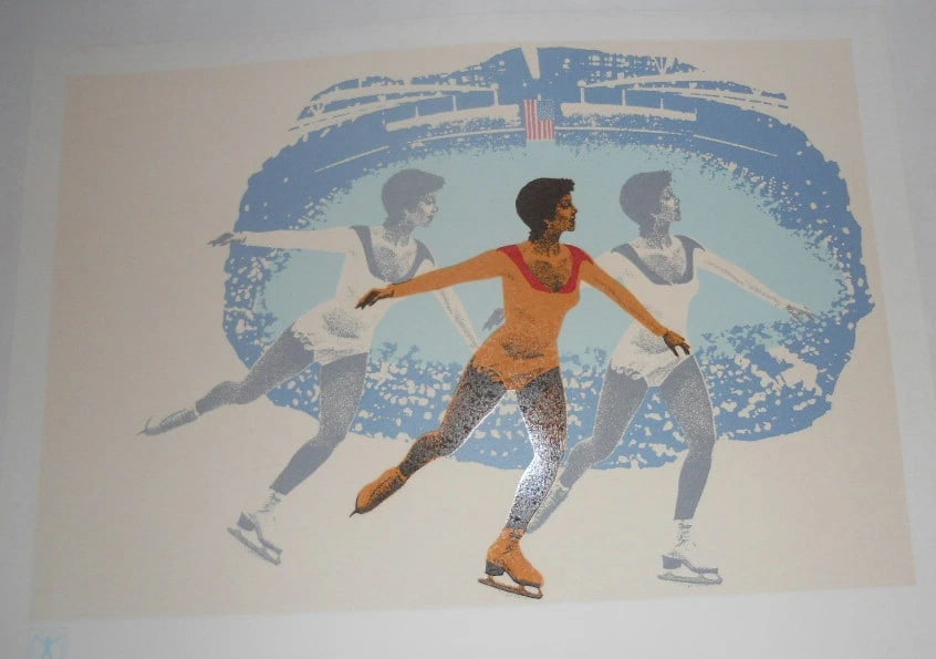 Original Vintage 1980 Lake Placid Olympic Skating Poster Linen Backed (1 of 2)