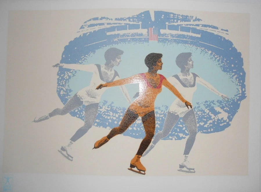 Original Vintage 1980 Lake Placid Olympic Skating Poster Linen Backed - 2