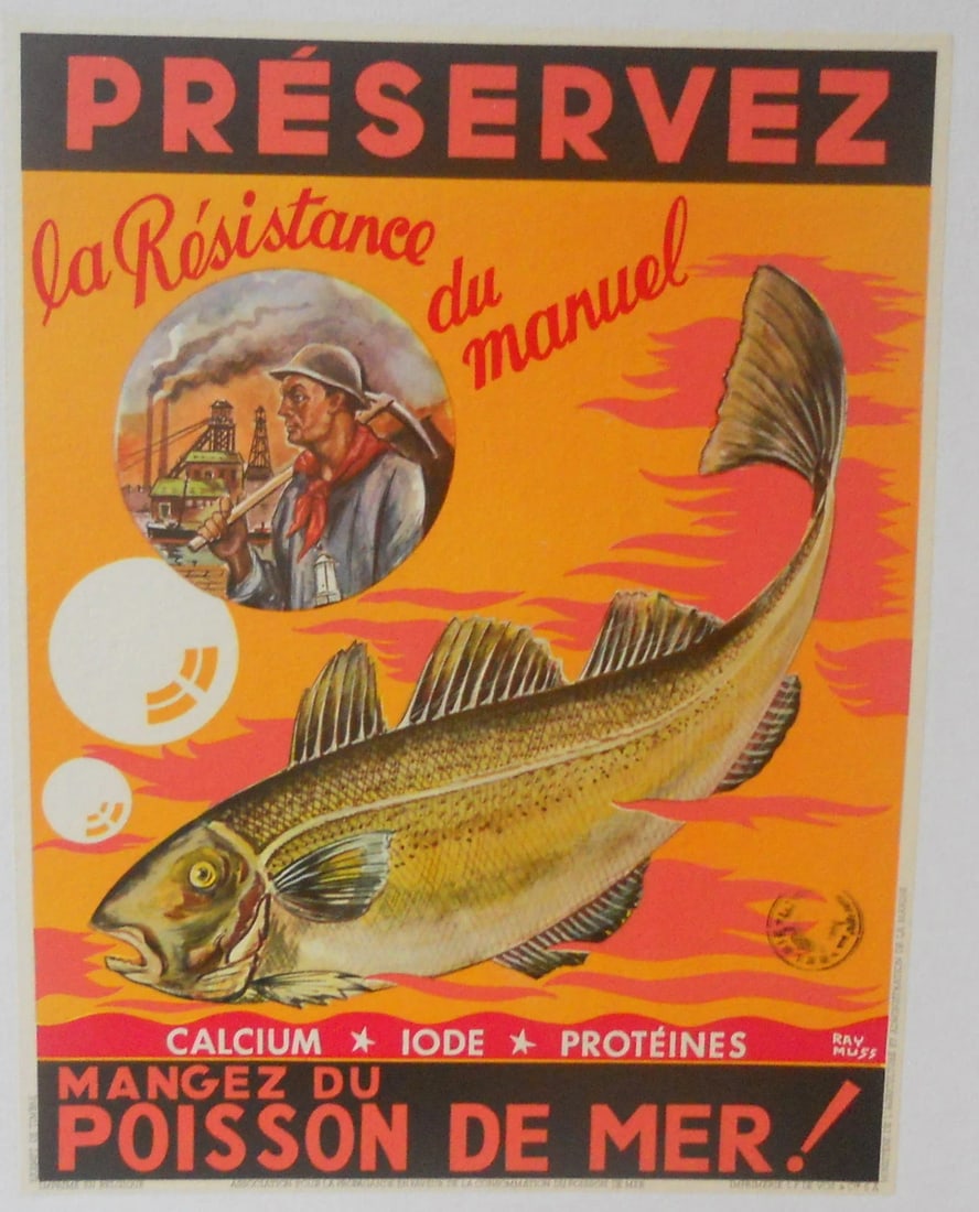 Original Vintage c.1940 Orange Poisson de Mer Fish Poster Linen Backed