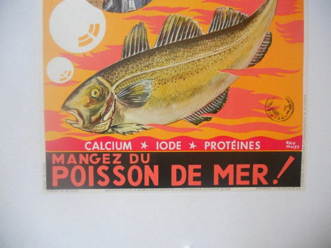 Original Vintage c.1940 Orange Poisson de Mer Fish Poster Linen Backed - 4