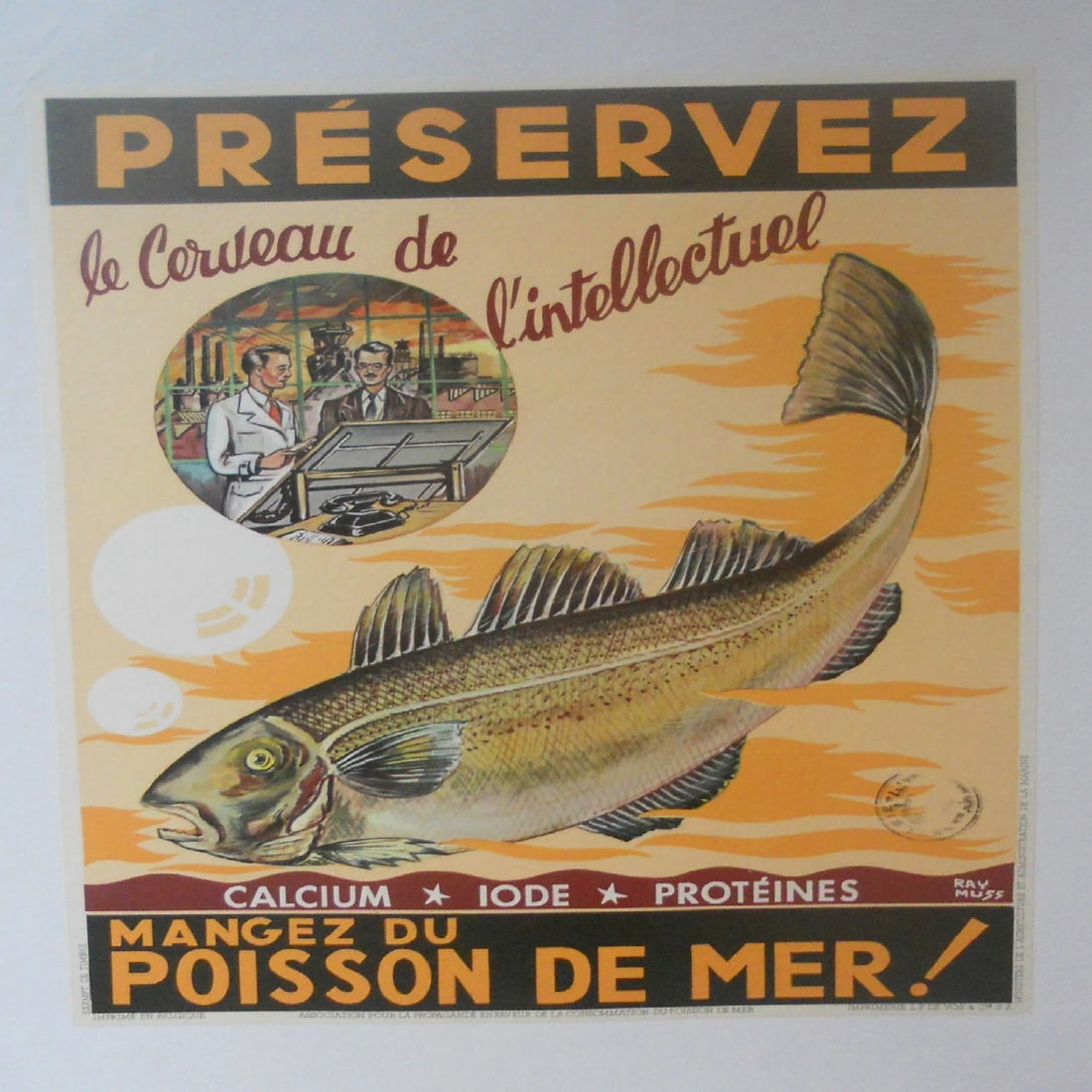 Original Vintage c.1940 Brown Poisson de Mer Fish Poster Linen Backed: Title: Original Vintage c.1940 Brown Poisson de Mer Fish Poster Linen Backed Description: Healthy eating has always been very important and this circa 1940 Poisson de Mer original French advertising