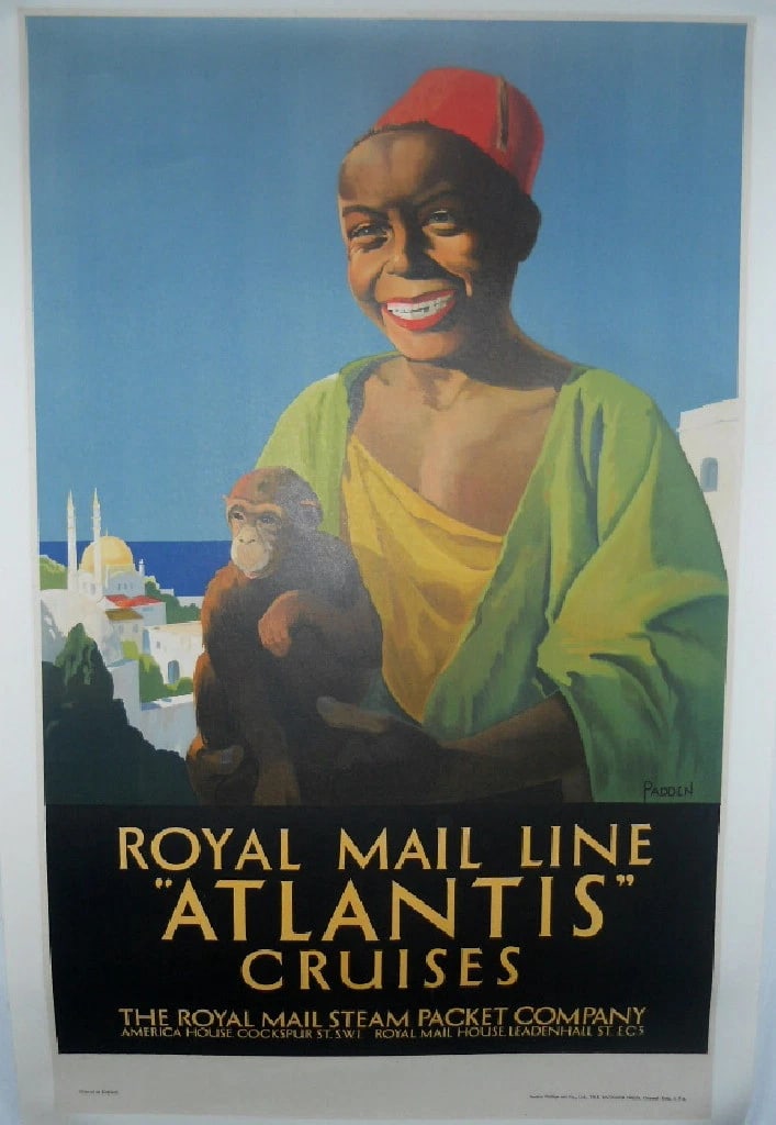Original Vintage c.1930 Atlantic Cruises Royal Mail English Poster Linen Backed (1 of 5)