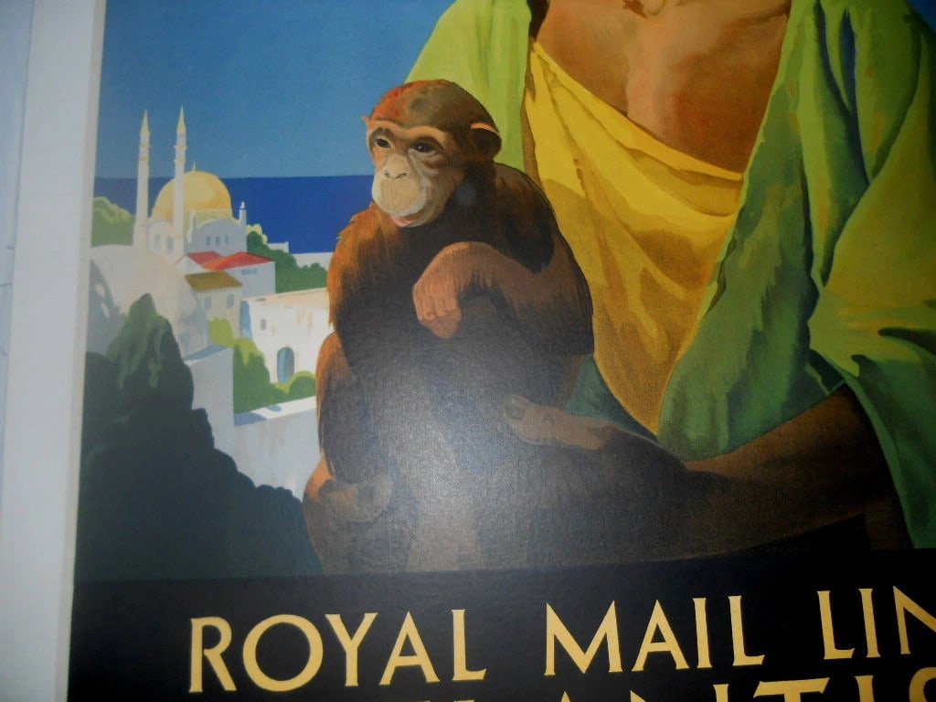 Original Vintage c.1930 Atlantic Cruises Royal Mail English Poster Linen Backed - 2