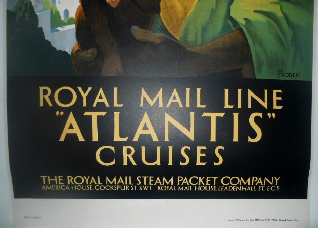Original Vintage c.1930 Atlantic Cruises Royal Mail English Poster Linen Backed - 3